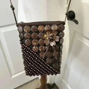 NEW Coconut Shell Handmade Brown Rectangular Bag Crossbody Purse NWOT‎